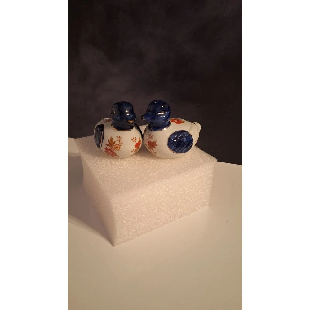 Vintage Blue & White/Gold Porcelain Ducks Salt & Pepper Shakers